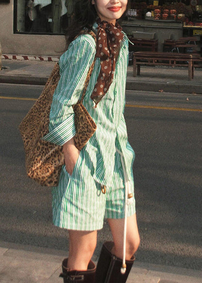 Green Peter Pan Collar Striped Shirts and Shorts Two Pieces Set Summer