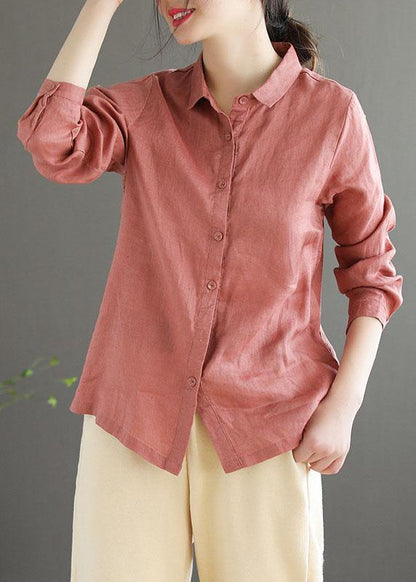 Pink Loose Button Summer Linen Long Sleeve Blouse Top