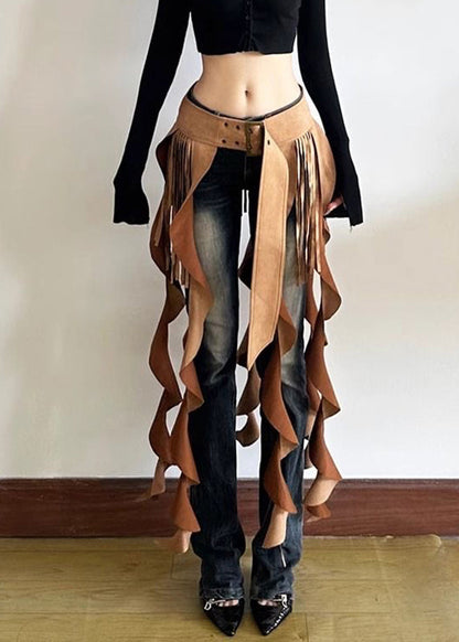 Brown Patchwork Wavy Line Tassel Ribbon Sashes Skirt