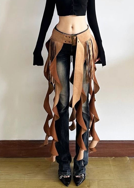 Brown Patchwork Wavy Line Tassel Ribbon Sashes Skirt