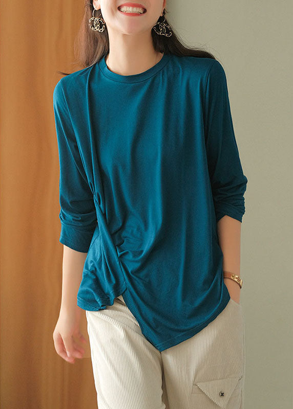 Blue Asymmetrical Design Wrinkled Fall Blouses