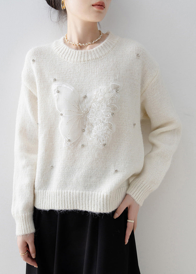 White O Neck Butterfly Zircon Knit Sweater Tops Spring