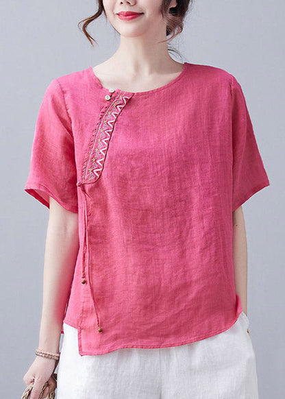 French Rose O-neck Embroidered Linen T Shirt Short Sleeve