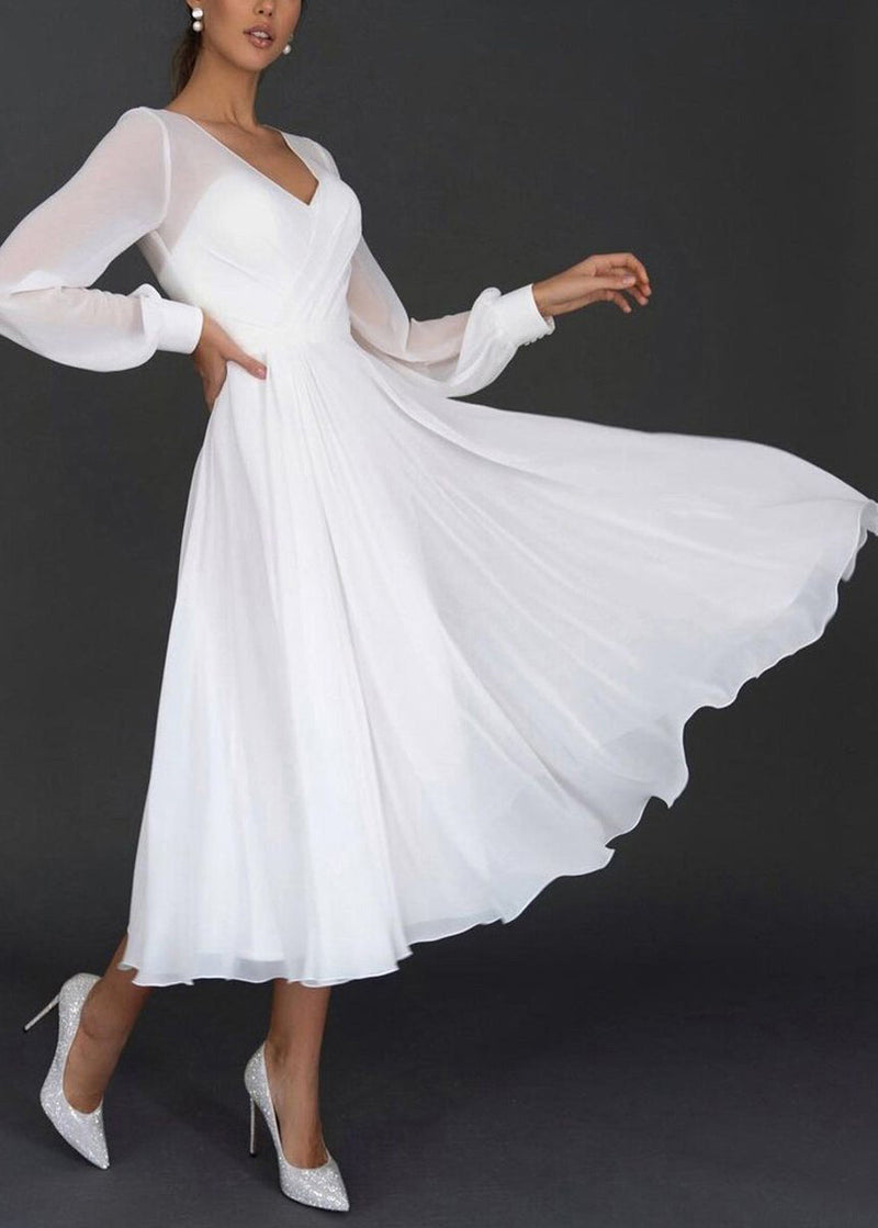 Boutique White V Neck Wrinkled Chiffon Dress Summer