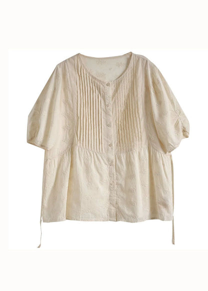 Unique Apricot Hollow Out Embroidered Wrinkled Patchwork Cotton Top Summer