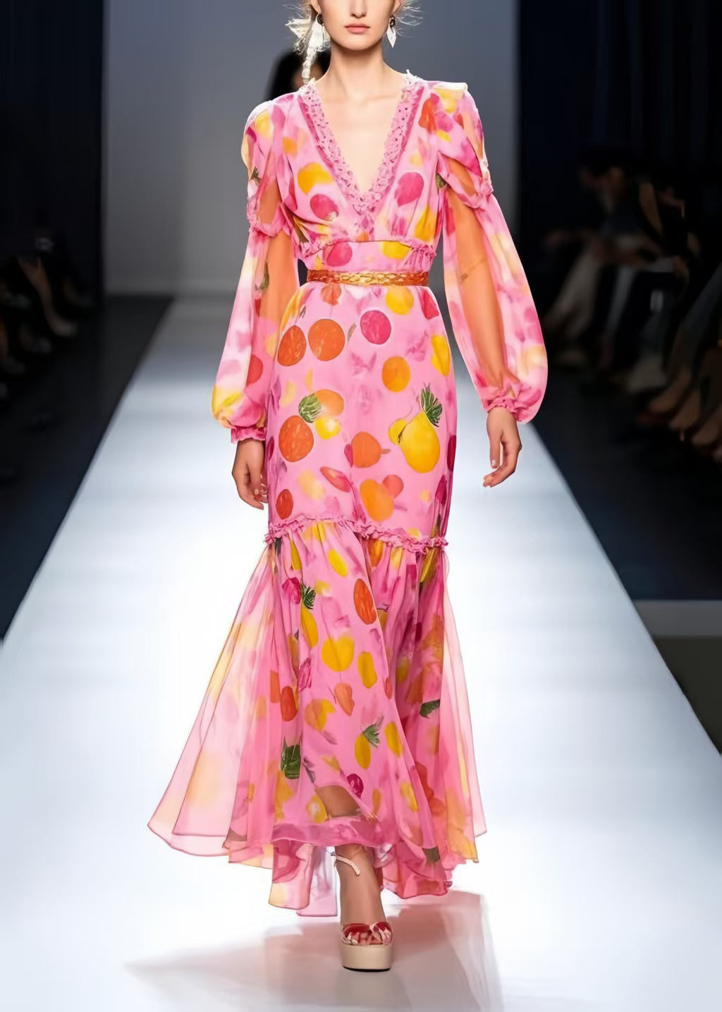 Silm Fit Pink Print Draping Chiffon Party Dresses Spring