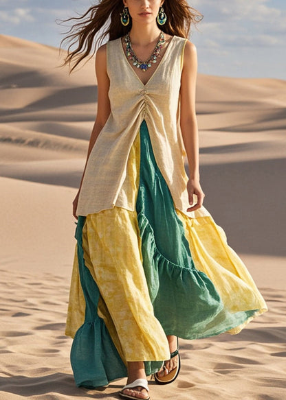 Khaki Cinched Patchwork Exra Large Hem Cotton Dress Sleeveless