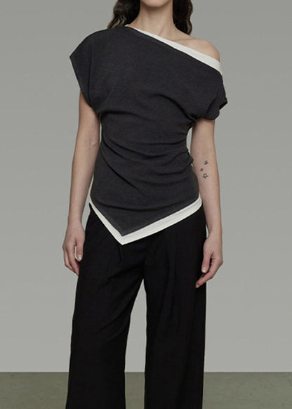 Dark Grey Cold Shoulder Asymmetrical Design Cotton Top Summer