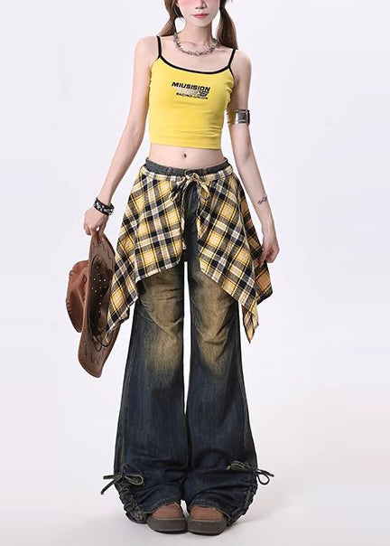 Navy Cinched Exra Large Hem Denim Flared Trousers Pants Spring