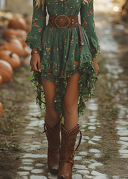 Green Ruffled Asymmetrical Print Cotton Vacation Dresses Spring