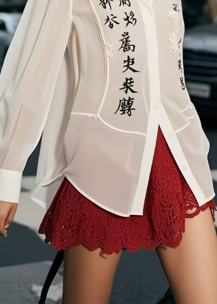 White Patchwork Draping Chiffon Shirt Tops Spring