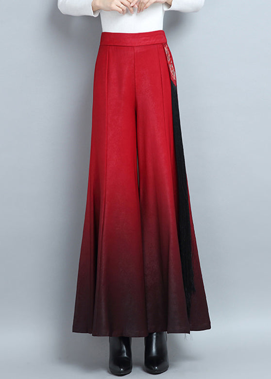 Red Embroidered High Waist Cotton Wide Leg Pants