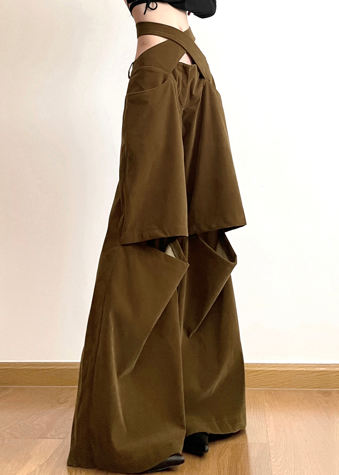 Brown Hollow Out Pockets Cotton Wide Leg Pants Fall