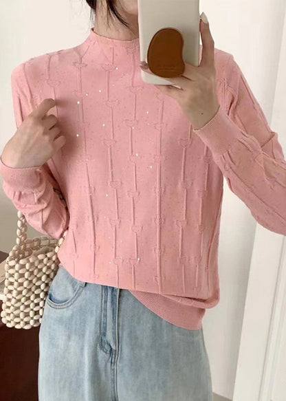 Pink Turtleneck Sequins Knit Sweaters Fall