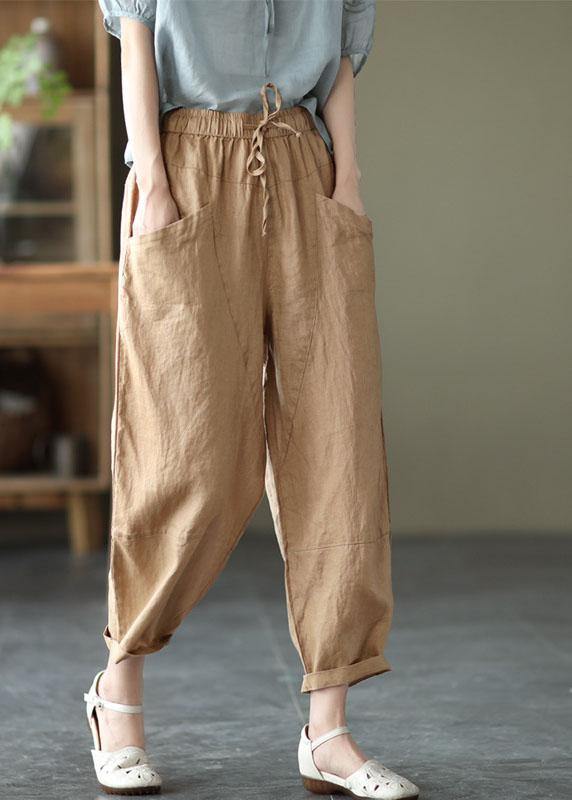 Art White Stripes Tie Waist Pockets Summer Harem Pants Linen