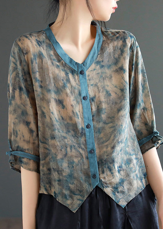 Grey Print Button Ramie Tops Half Sleeve