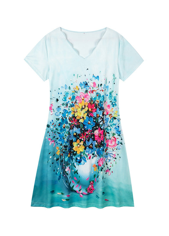 V Neck Print Cotton Loose Dress Summer