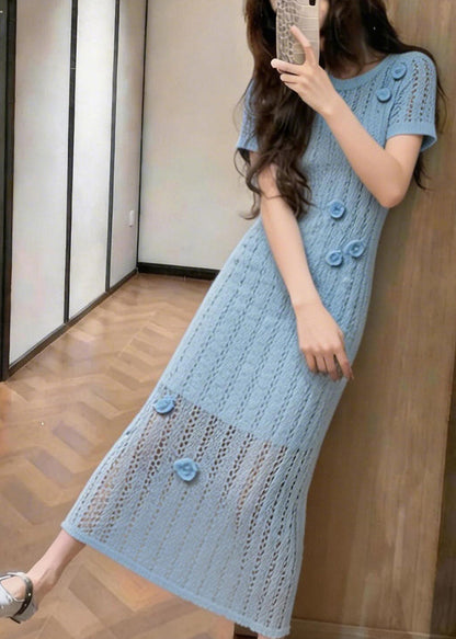 Blue Hollow Out Knit Ankle Dress Summer