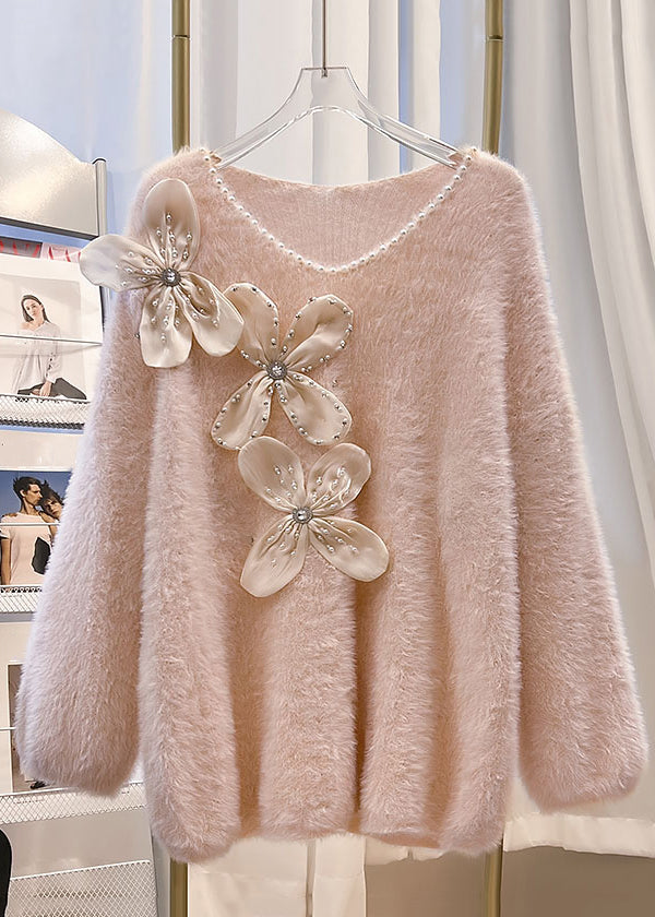 Pink V Neck Cozy Mink Hair Knitted Sweater Winter