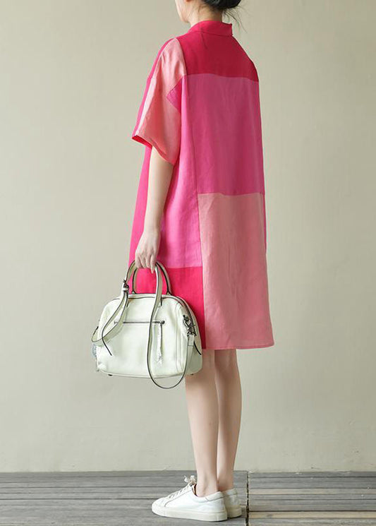 Loose Colorblock Peter Pan Collar Cotton Shirts Dress Summer
