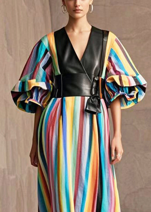 Modern Rainbow Striped Patchwork Pu Cotton Dress Puff Sleeve