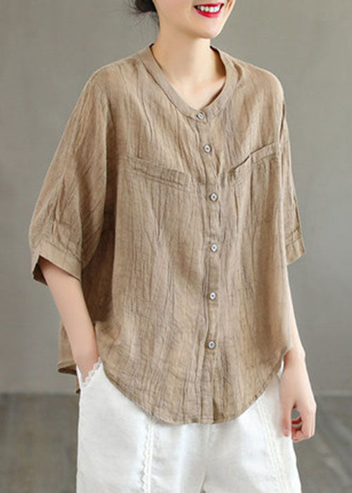 Classy Khaki O-neck Button Color Wrinkled Linen Shirt Top Half Sleeve