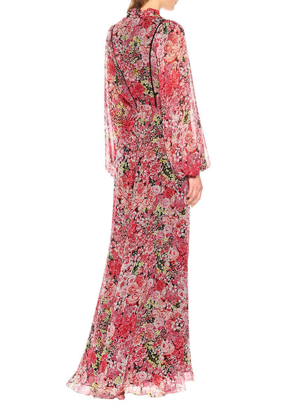 Original Design Lace Up Print Silk Ankle Dress Lantern Sleeve
