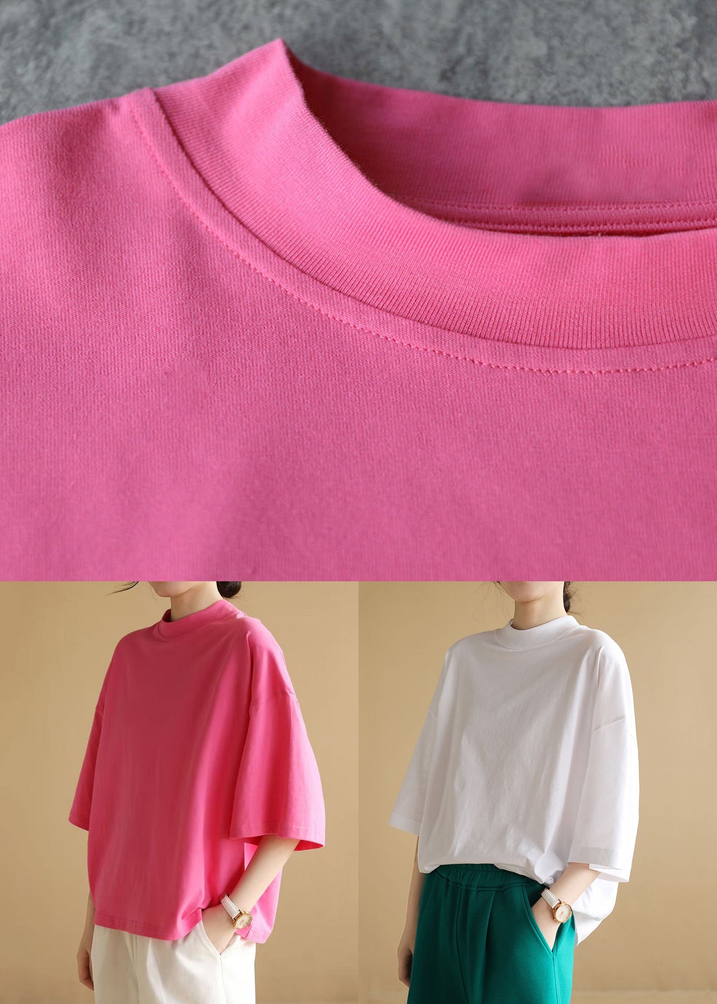 Loose White O Neck Cotton T Shirts Half Sleeve