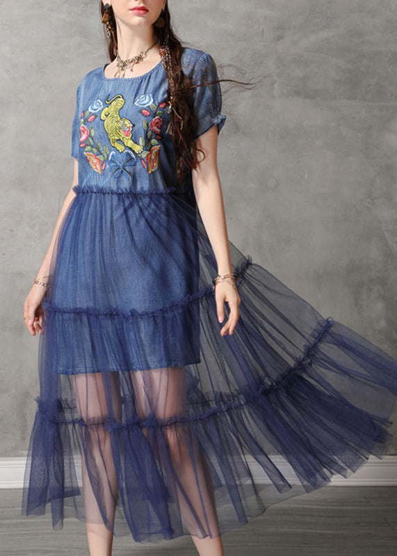 Classy Blue O-neck Embroidered Tulle Patchwork Long Denim Dresses Short Sleeve