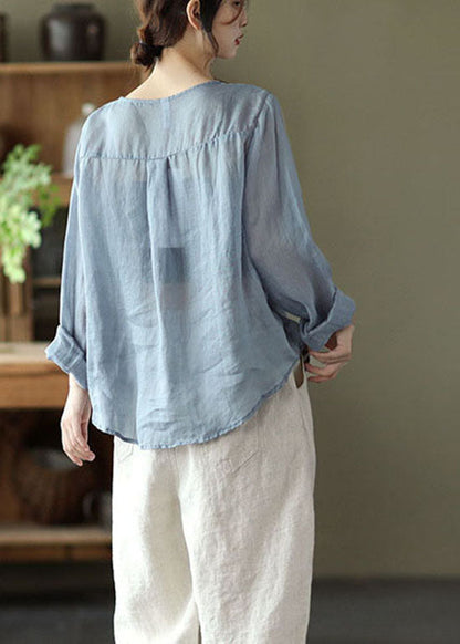 Stylish Lake Blue Embroidered Linen Blouse Tops Long Sleeve