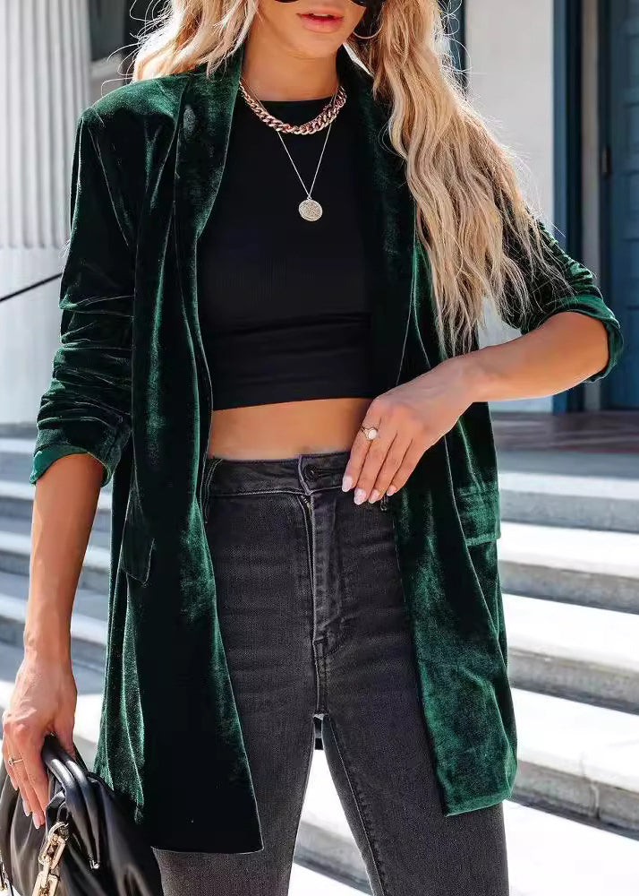 Gold Peter Pan Collar Pockets Velvet Coat Fall