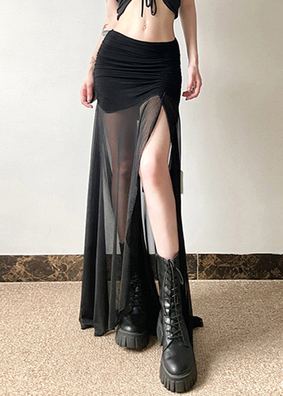 Black Elastic Waist Wrinkled Tulle Patchwork Maxi Skirt Summer