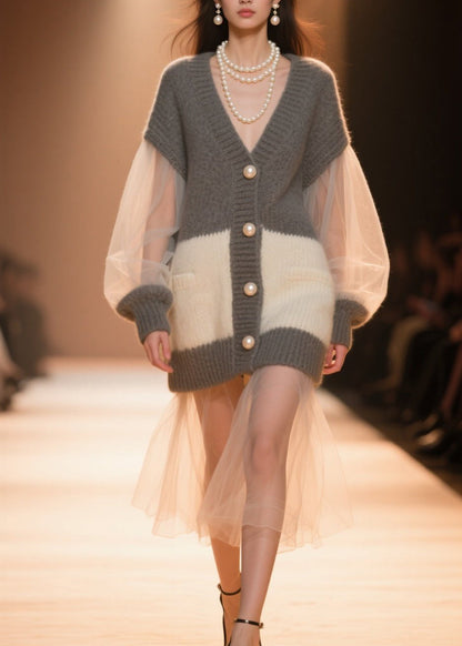 Colorblock V Neck Tulle Patchwork Knit Cardigans Fall