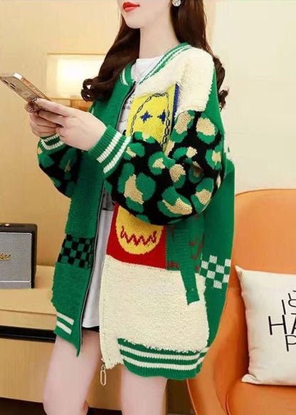 Green Oversized Patchwork Jacquard Knit Cardigans Spring