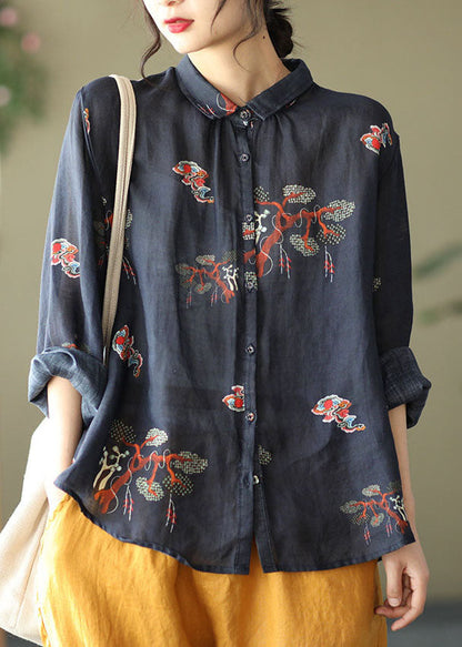 Black Peter Pan Collar Button Print Linen Shirt Tops Long Sleeve