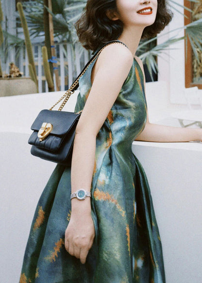 French Green Print High Waist Silk Long Dress Sleeveless