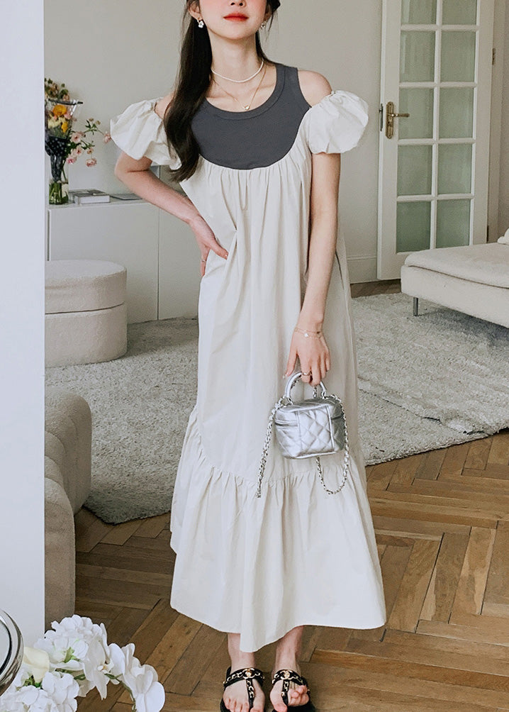 New Off the Shoulder Puff Sleeve Wrinkled Patchwork Cotton Dress