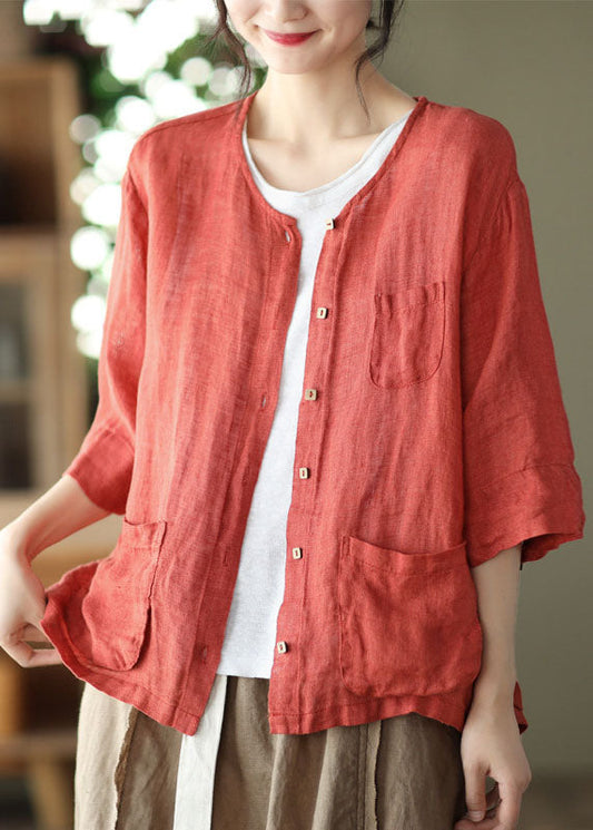 Red O-neck Pockets Linen Loose Cardigans Half Sleeve