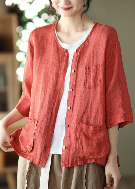 Red O-neck Pockets Linen Loose Cardigans Half Sleeve