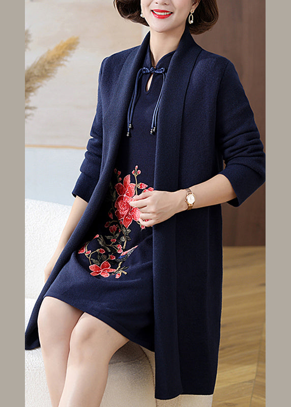Black V Neck Button Woolen Cardigans and Mid Dress Two Pieces Set