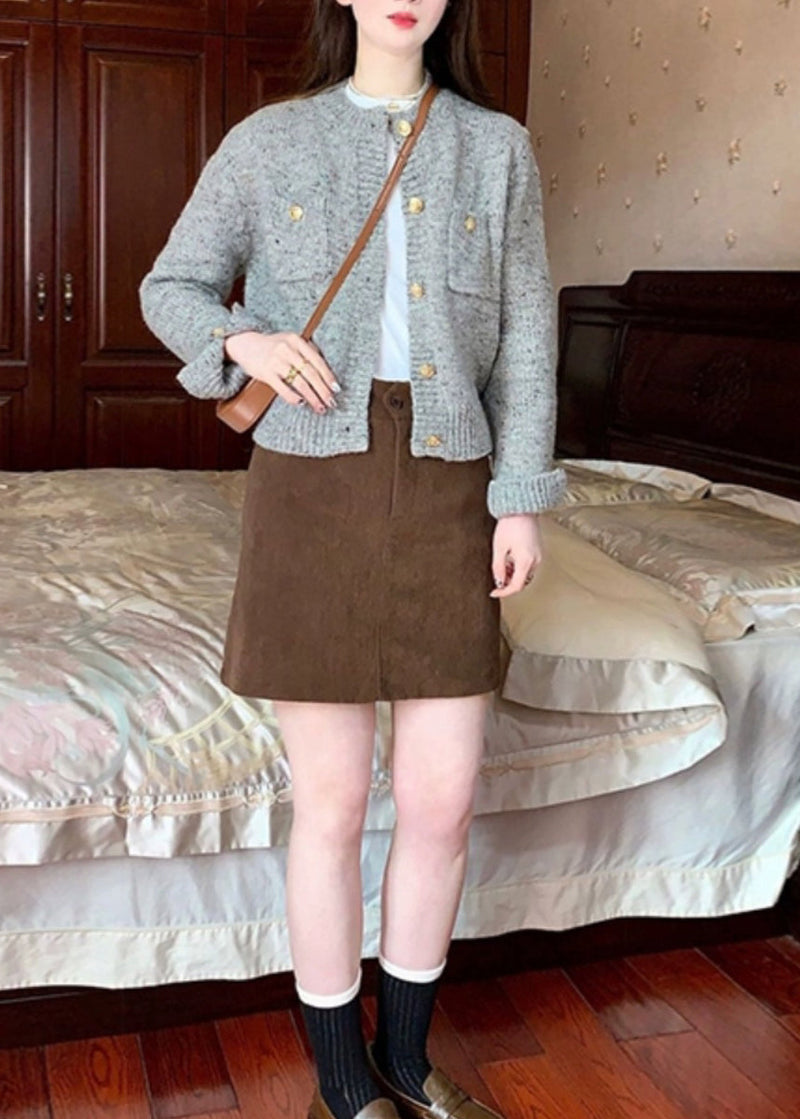 Grey O Neck Button Knit Short Sweater Cardigan Fall