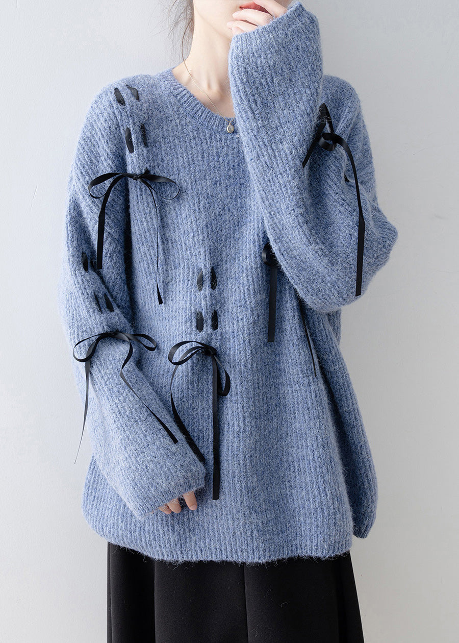 Style Blue O Neck Bow Knit Sweaters Spring