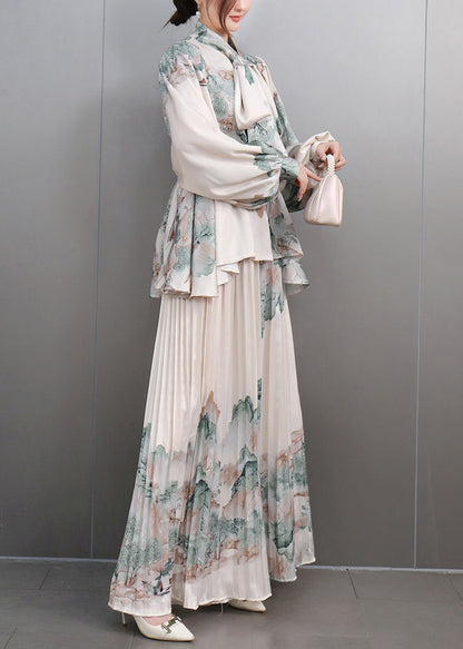White Bow Print Chiffon Shirts and Maxi Skirts Two Pieces Set Spring