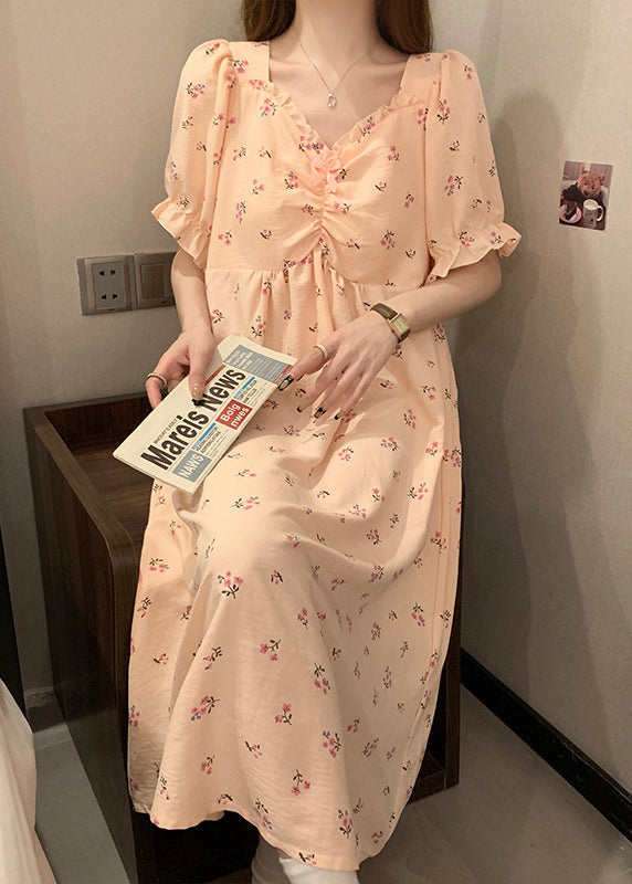Pink V Neck Wrinkled Print Cotton Pajamas Long Dress Summer