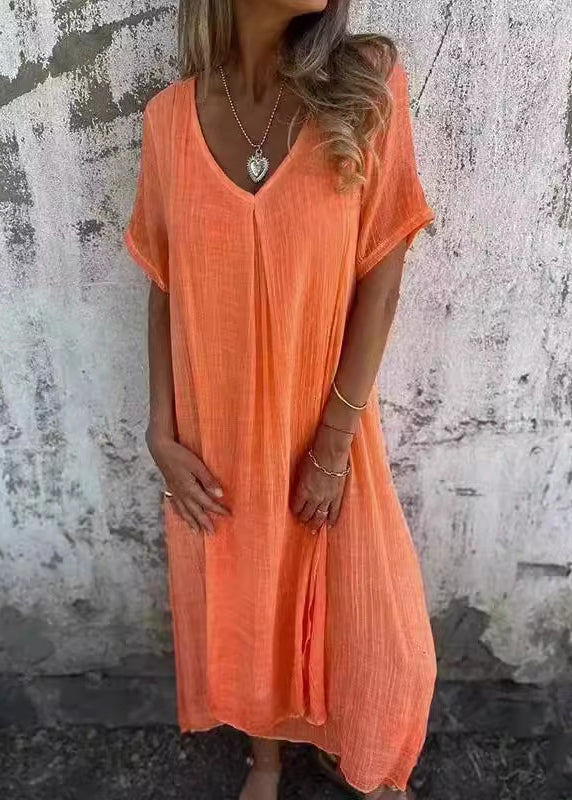 Orange V Neck Cotton Dresses Summer