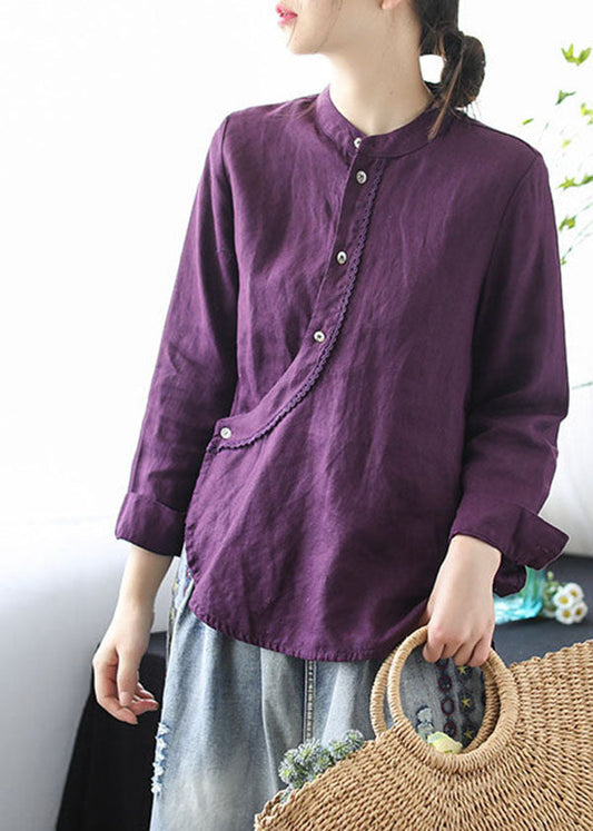 Purple Stand Collar Lace Patchwork Linen Shirt Tops Long Sleeve