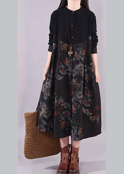 Handmade Black O-neck Print Patchwork Maxi Dress Long Sleeve