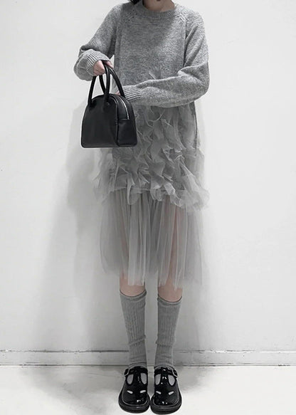 Art Grey Ruffled Tulle Patchwork Knit Dress Fall