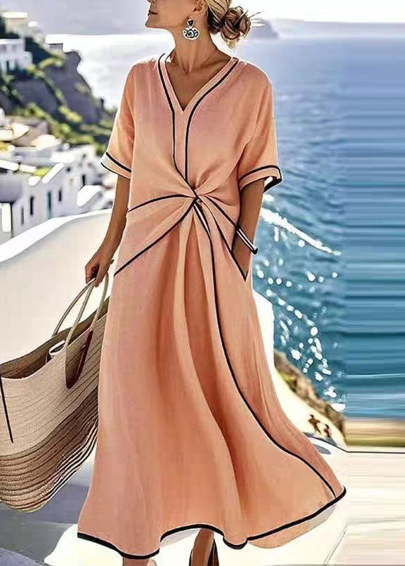 Apricot V Neck Wrinkled Pockets Cotton Long Dress Summer
