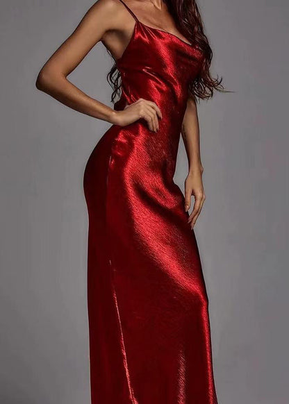 European and American Style Red Silk Spaghetti Strap Dress Summer
